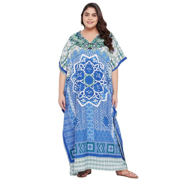 Women Plus Size Mandala Print Sky Blue Polyester Kaftan Maxi Dress by Gypsie Blu - Picture 8 of 9